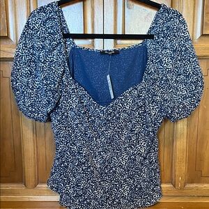 Madewell Navy and White Puff Sleeve Blouse